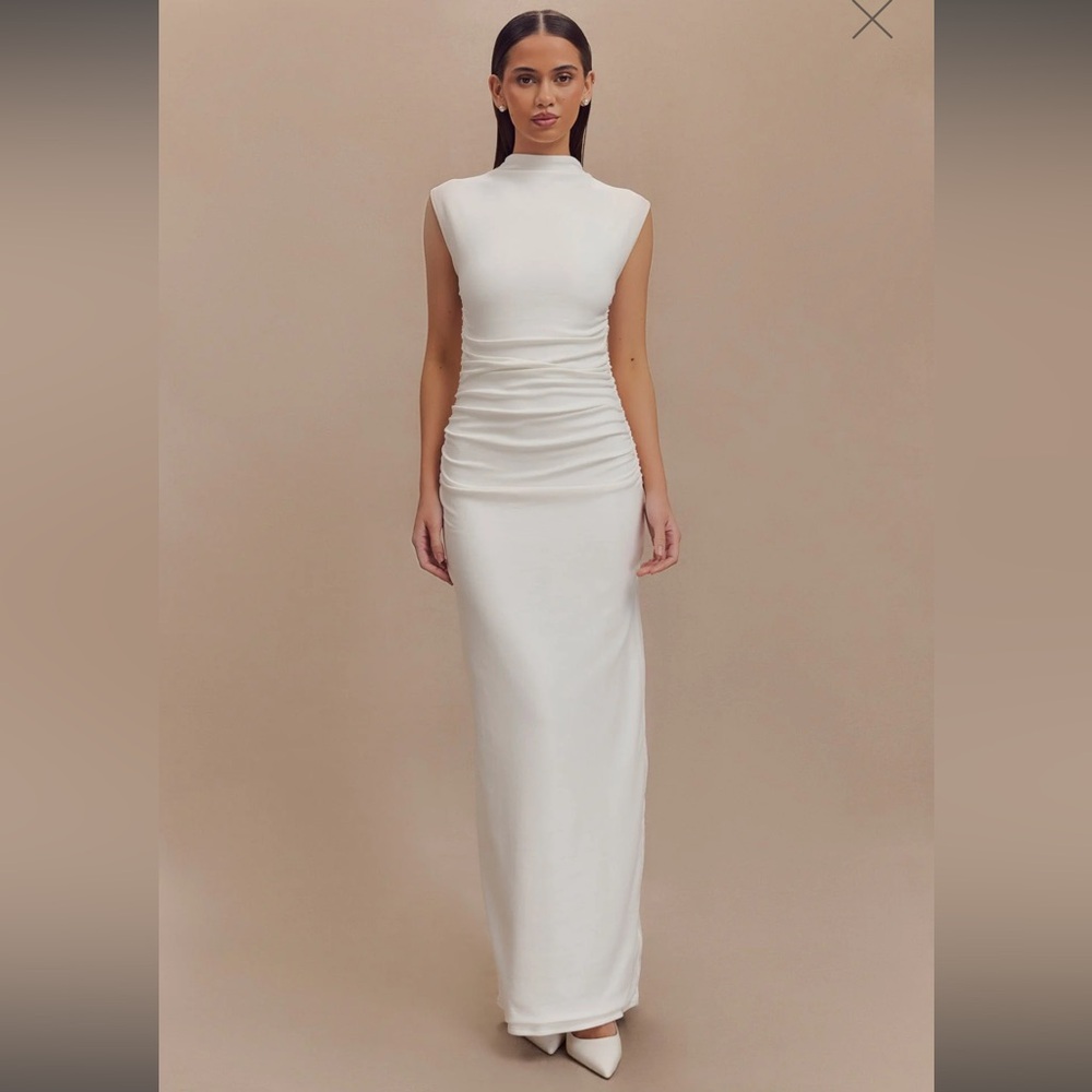 Meshki White Ruched Sheath Maxi Dress